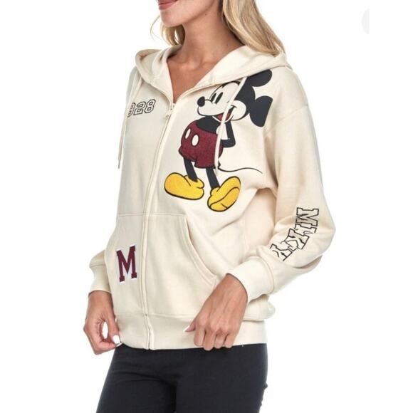 DISNEY Hoodie Ivory Mickey Minnie Fleece Chenille Patch Disneyland Retro | XS - Picture 3 of 12